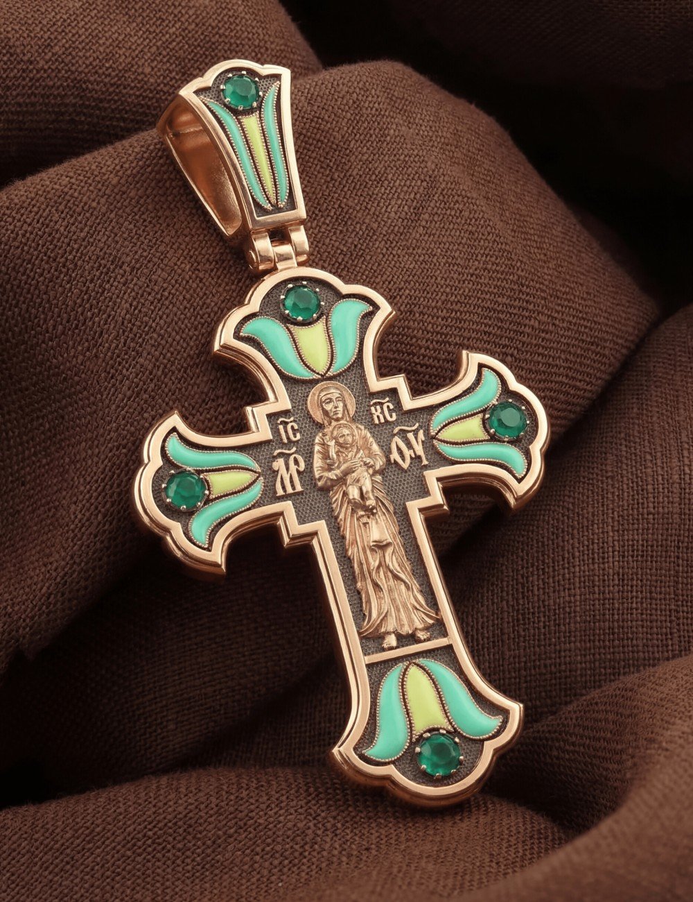 Крест из золота c эмалью и хризопразом