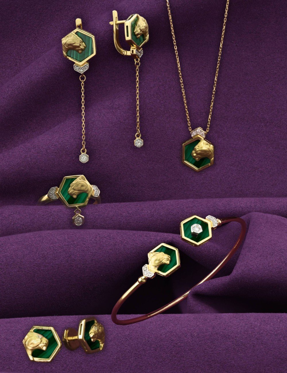 Серьги из лимонного золота c бриллиантами и малахитом