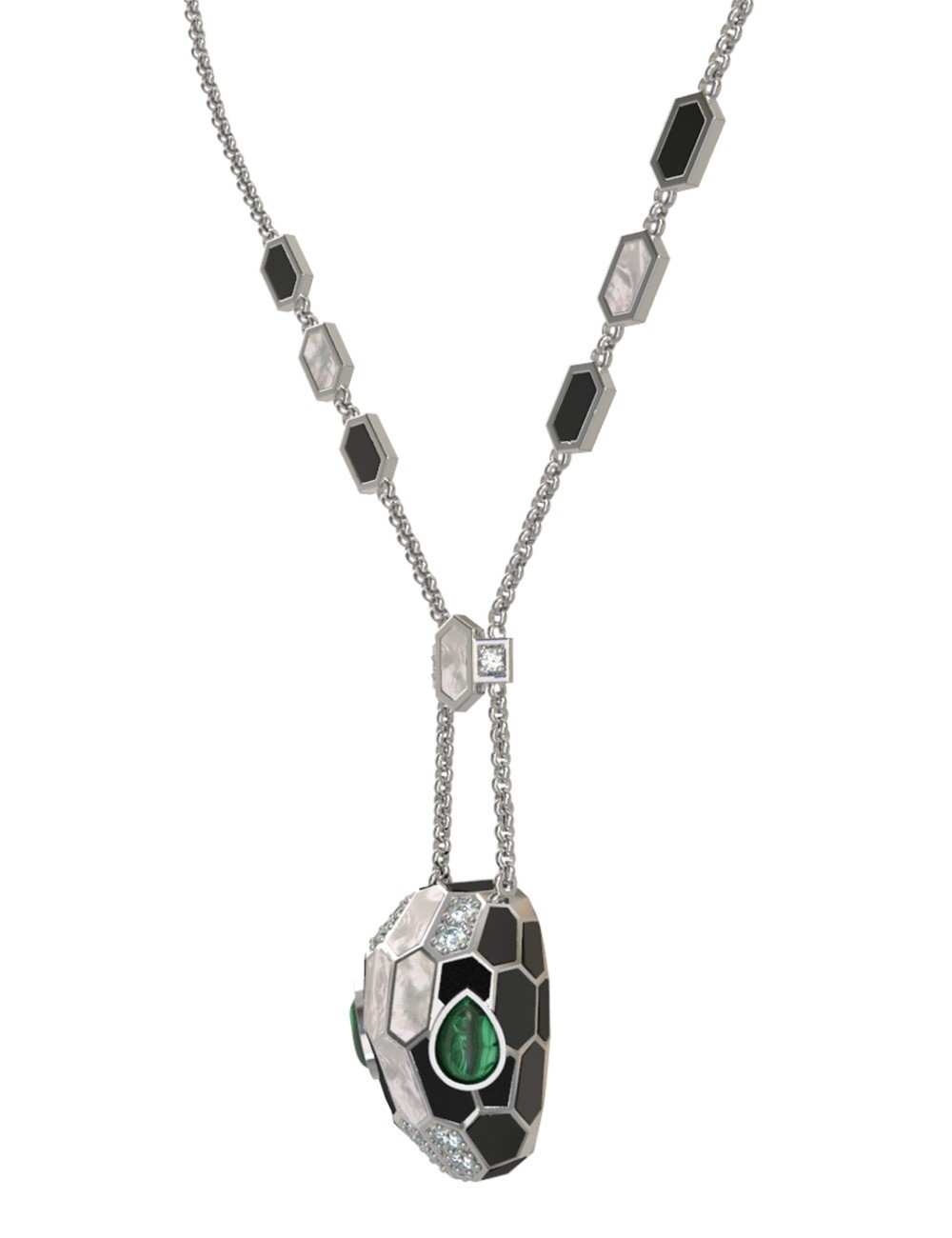 Колье из белого золота c бриллиантами, рубином, ониксом, малахитом и перламутром