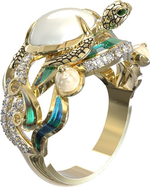 Кольцо из лимонного золота c эмалью, бриллиантами, жемчугом и перламутром