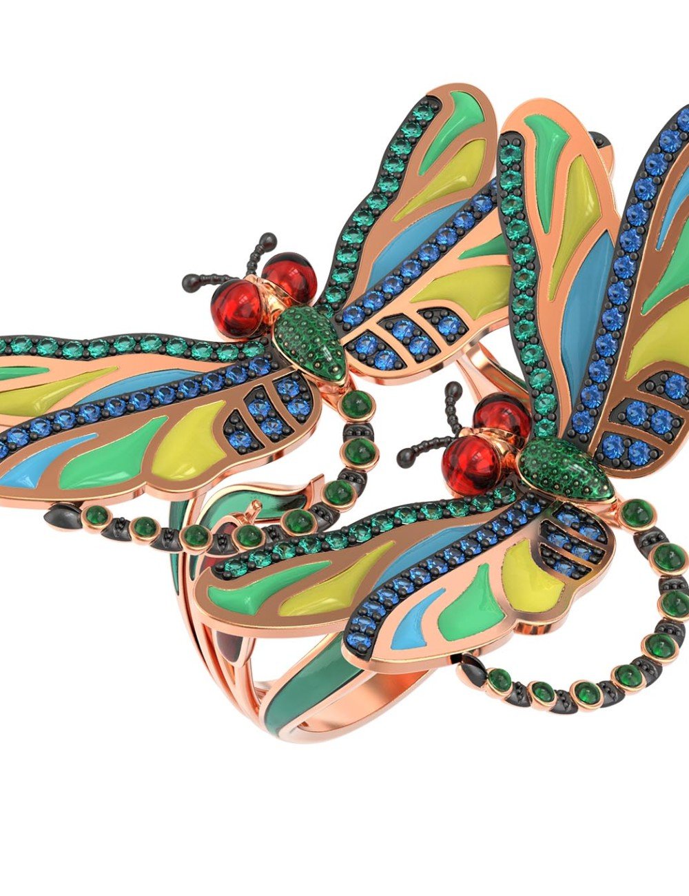 Кольцо из золота c сапфиром, изумрудом и эмалью