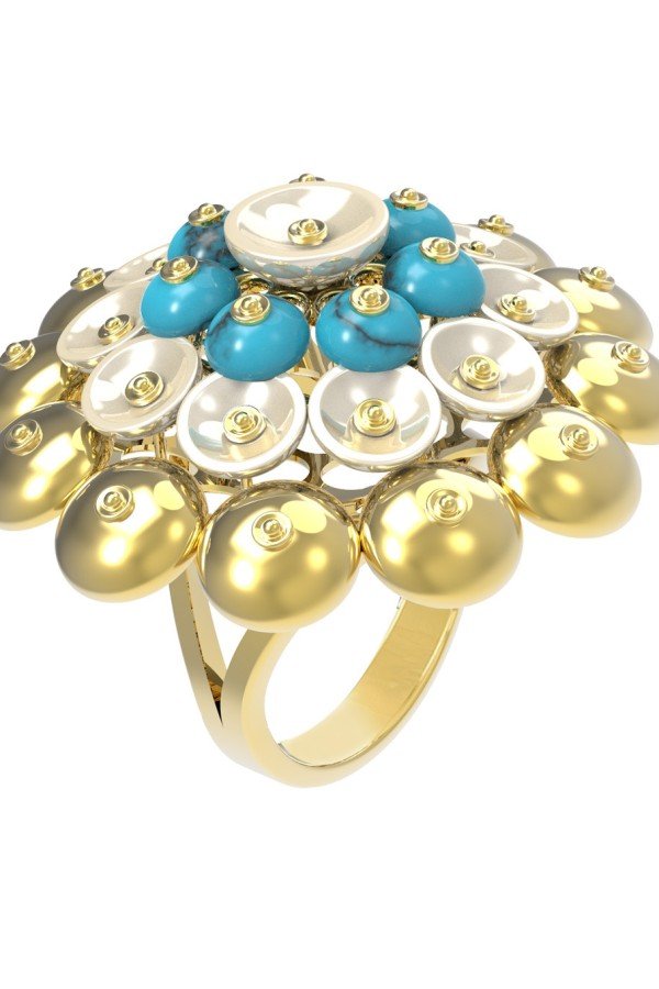 Кольцо из лимонного золота c бирюзой и перламутром