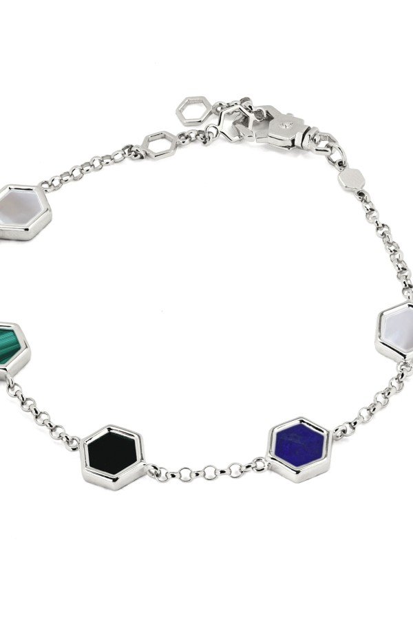 Браслет из белого золота c ониксом, лазуритом, малахитом и перламутром