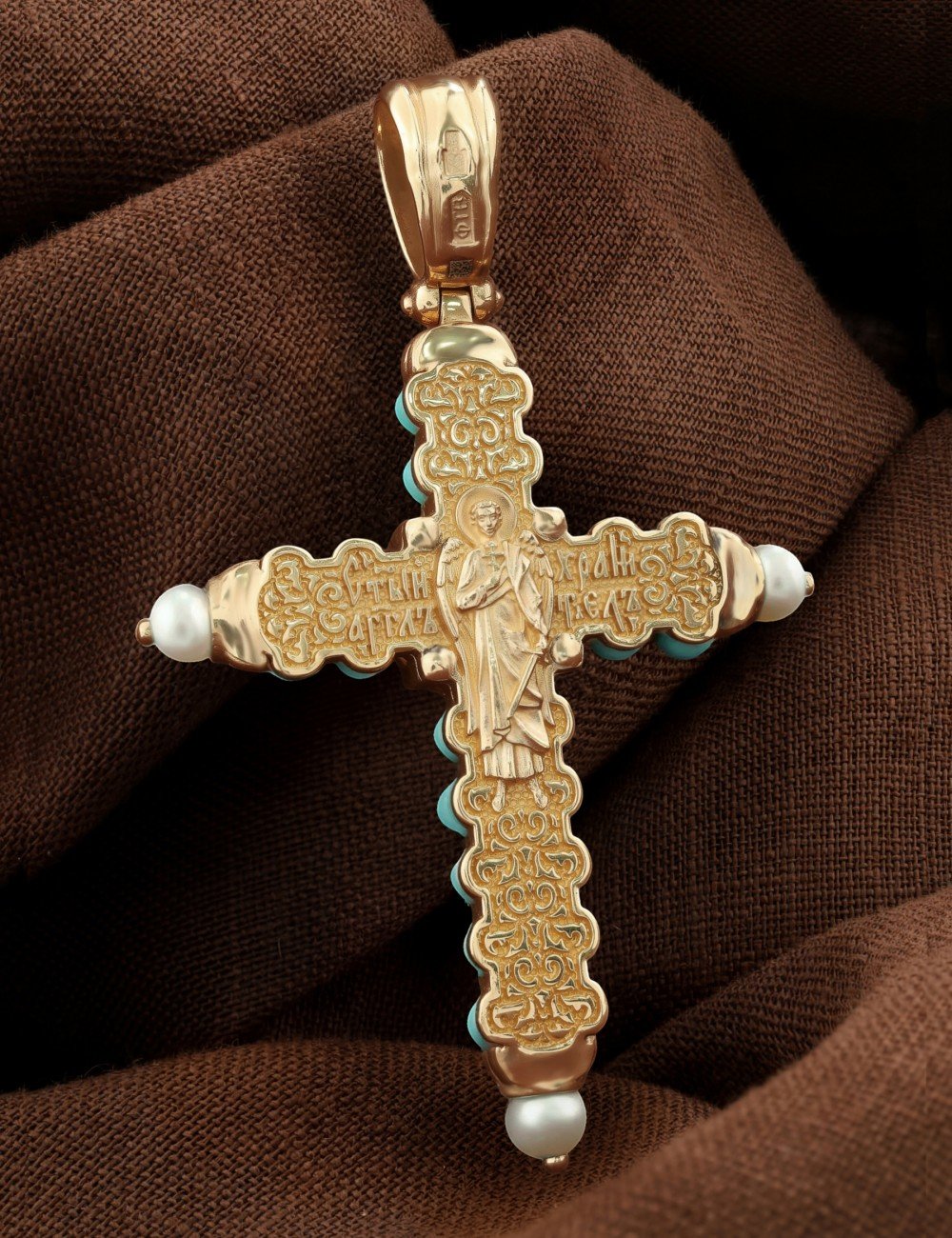 Крест из золота c жемчугом и бирюзой