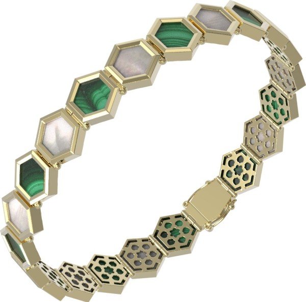 Браслет из лимонного золота c малахитом и перламутром