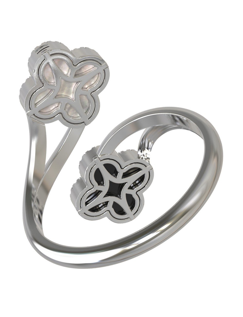 Кольцо из белого золота c бриллиантами, ониксом и перламутром