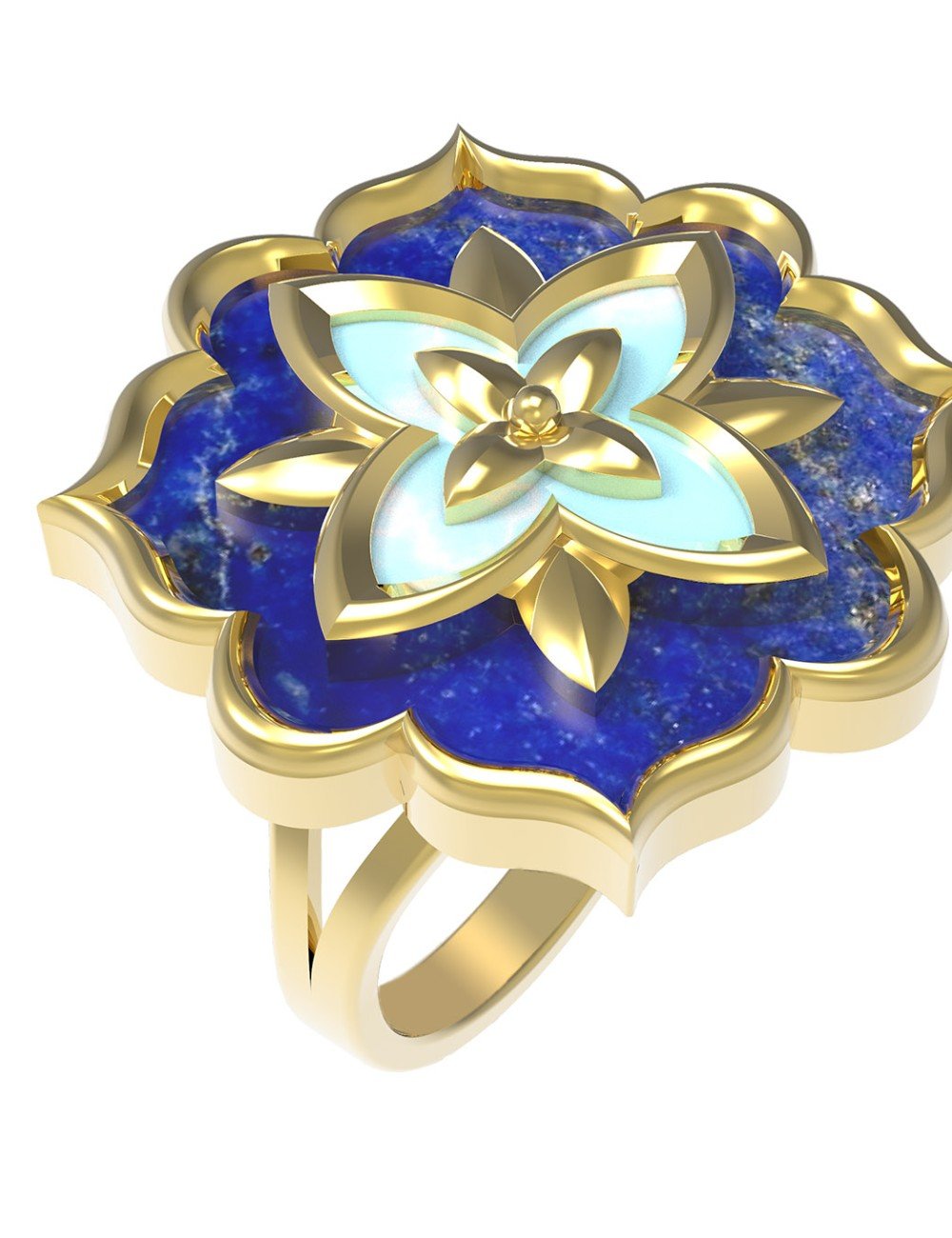 Кольцо из лимонного золота c бирюзой и лазуритом