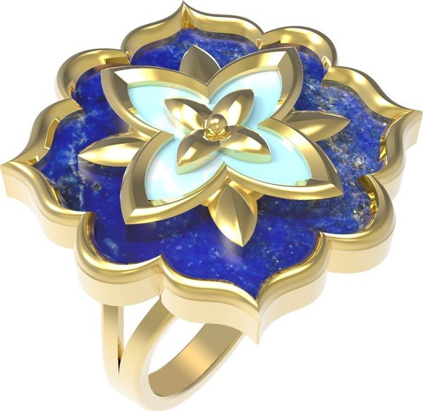 Кольцо из лимонного золота c бирюзой и лазуритом