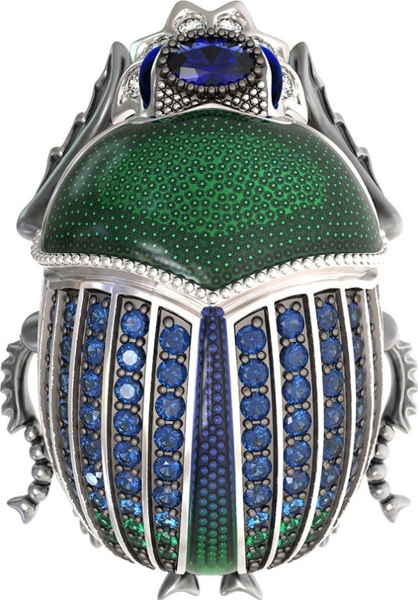 Брошь из белого золота c эмалью, фианитом и сапфиром