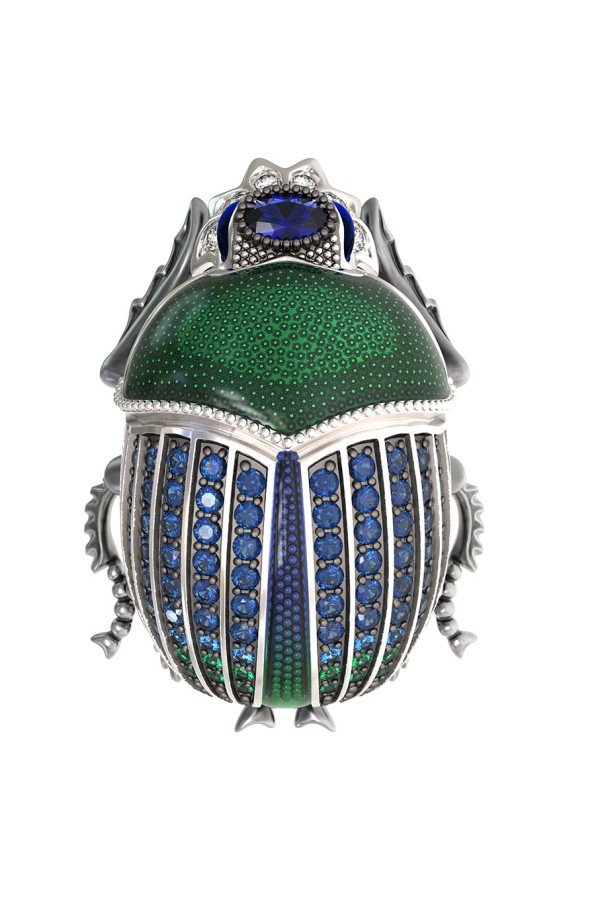 Брошь из белого золота c эмалью, фианитом и сапфиром