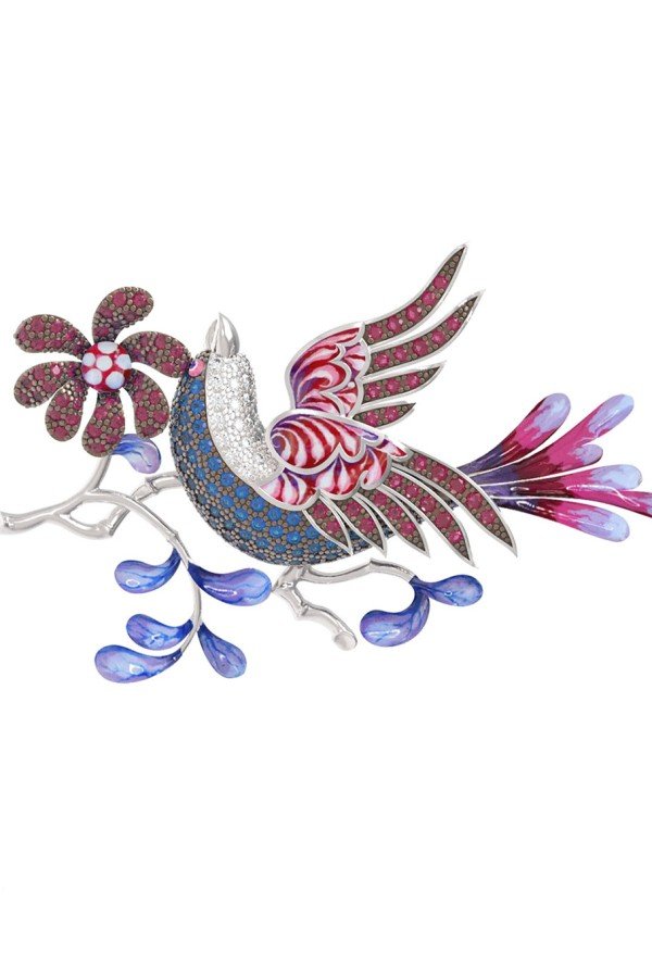 Брошь из белого золота c эмалью и фианитом