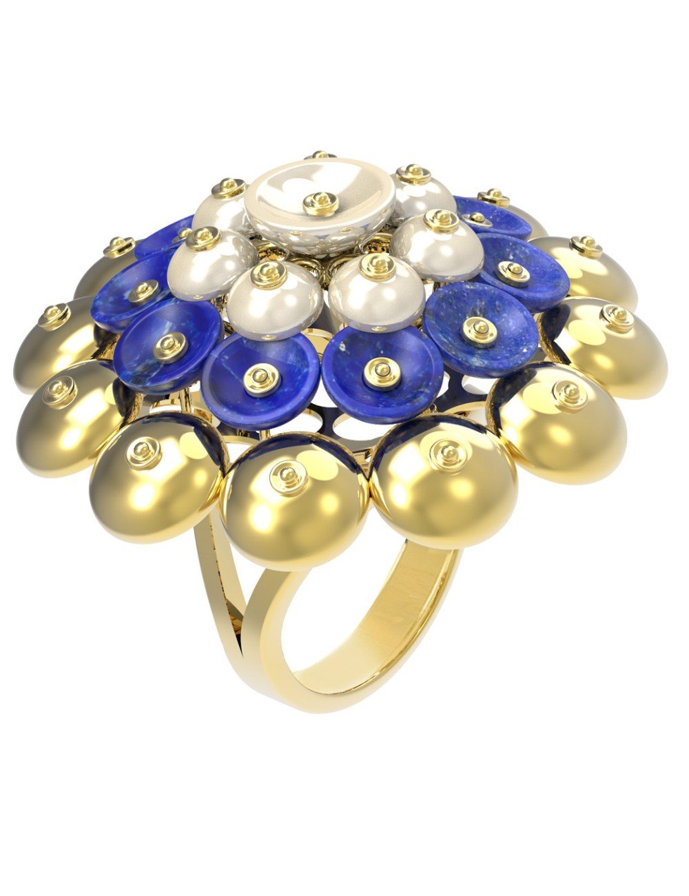Кольцо из лимонного золота c лазуритом и перламутром