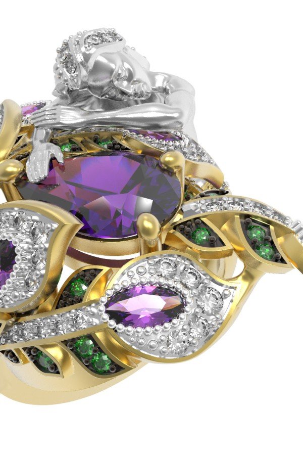 Кольцо из лимонного золота c фианитом и аметистом