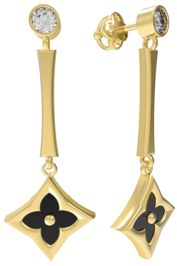 Серьги из лимонного золота c фианитом и ониксом