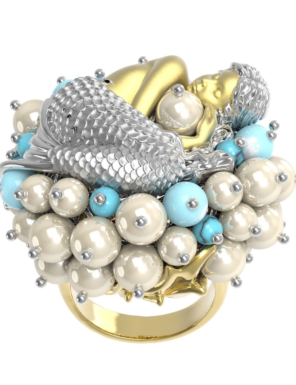 Кольцо из лимонного золота c жемчугом и бирюзой