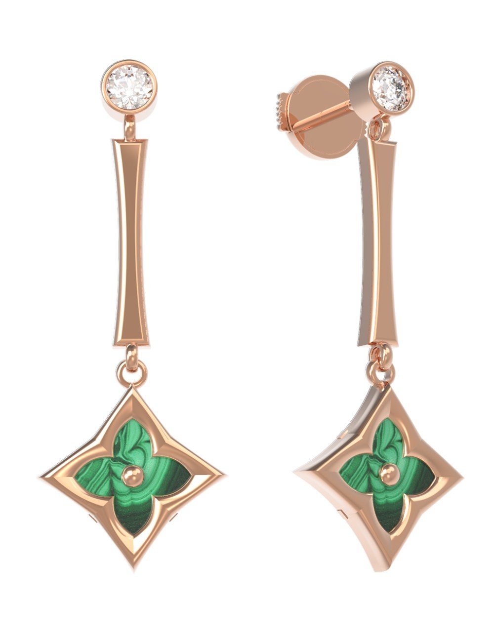 Серьги из золота c фианитом и малахитом