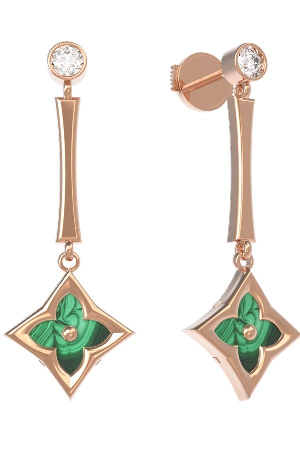 Серьги из золота c фианитом и малахитом