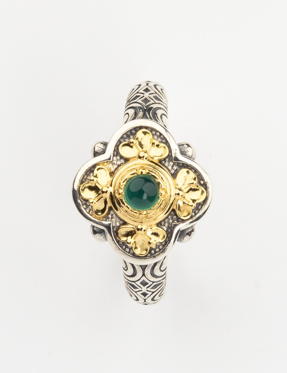 Кольцо из серебра и золота c хризопразом и рубином