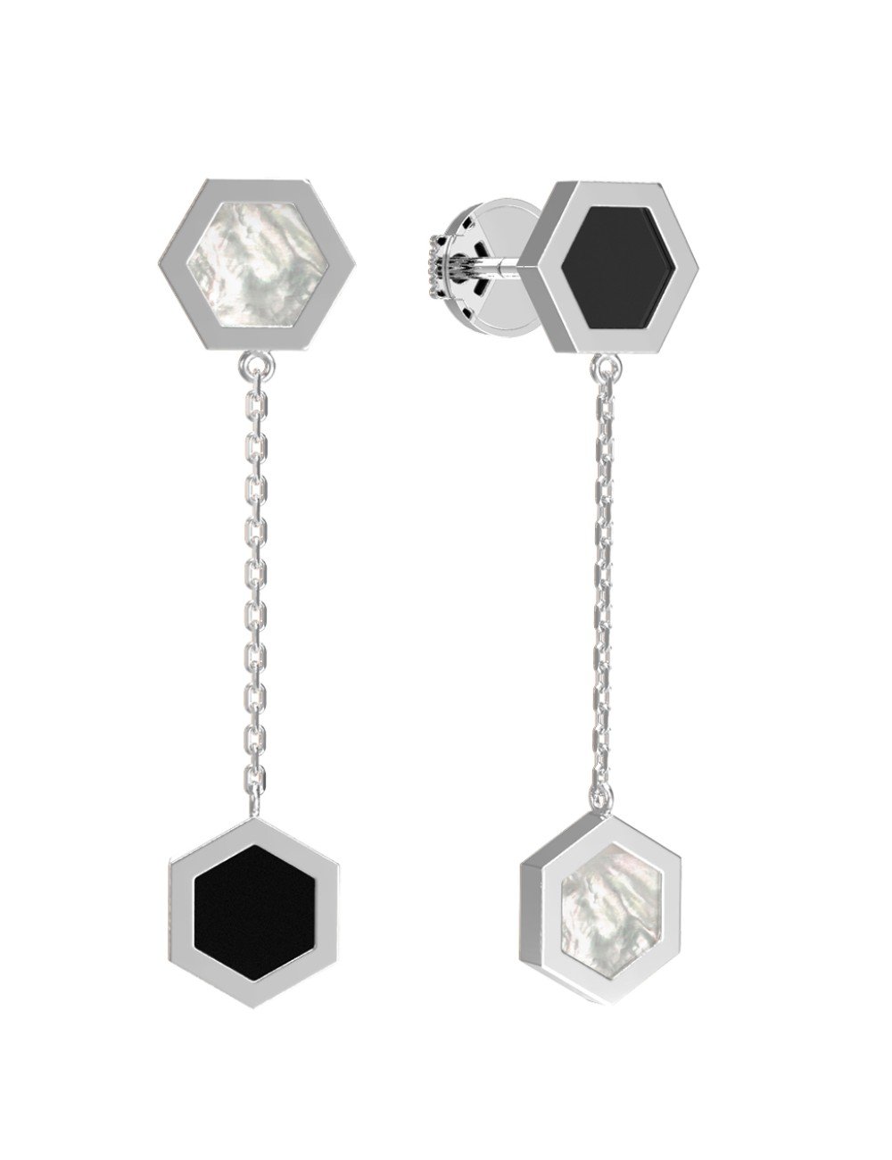 Серьги из белого золота c ониксом и перламутром