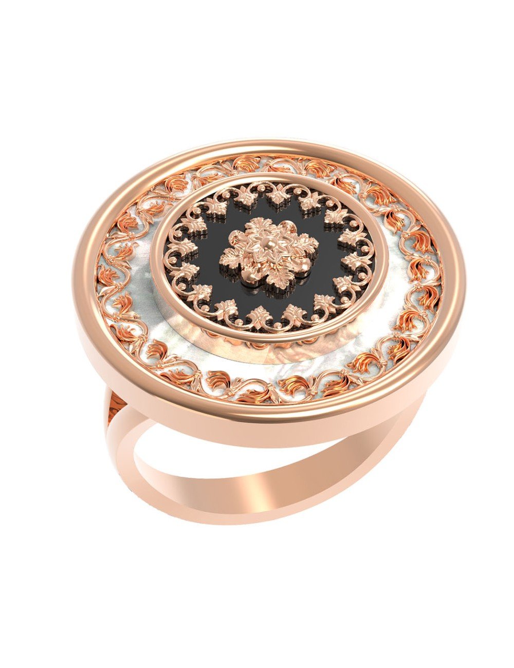 Кольцо из золота c ониксом и перламутром