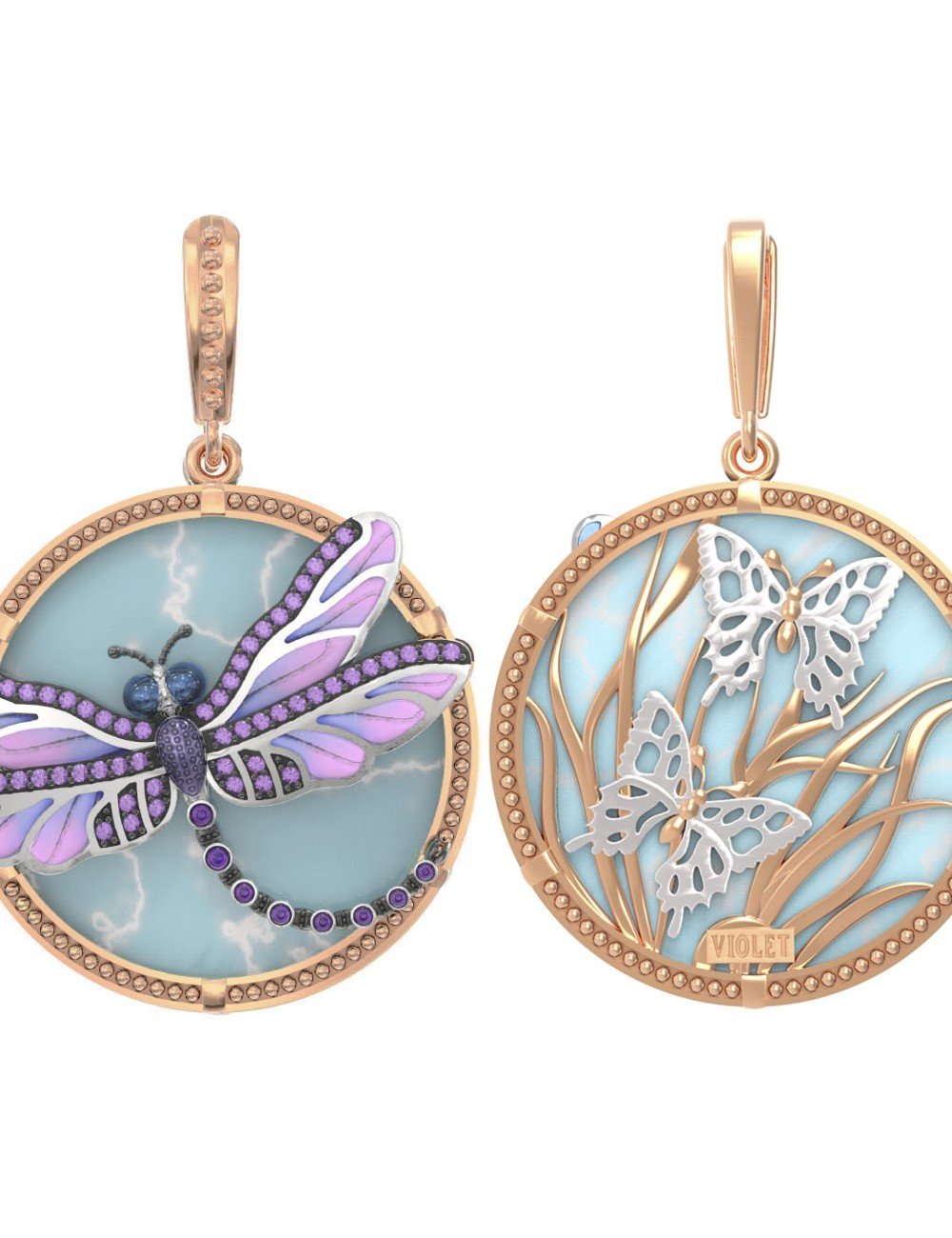 Подвеска из золота c бирюзой, аметистом и эмалью