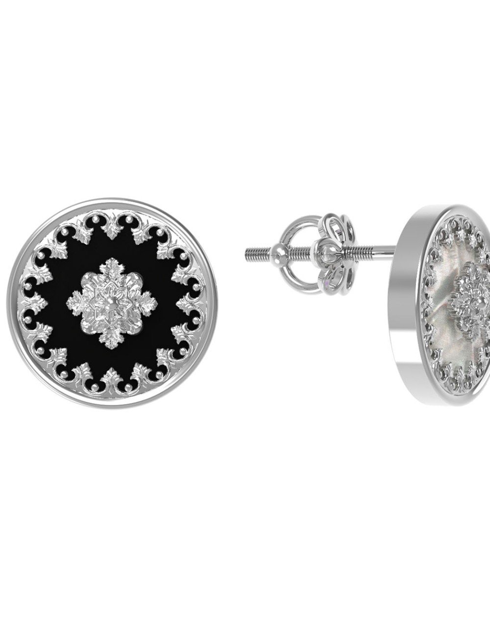 Серьги из белого золота c ониксом и перламутром