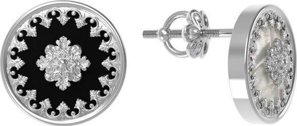 Серьги из белого золота c ониксом и перламутром