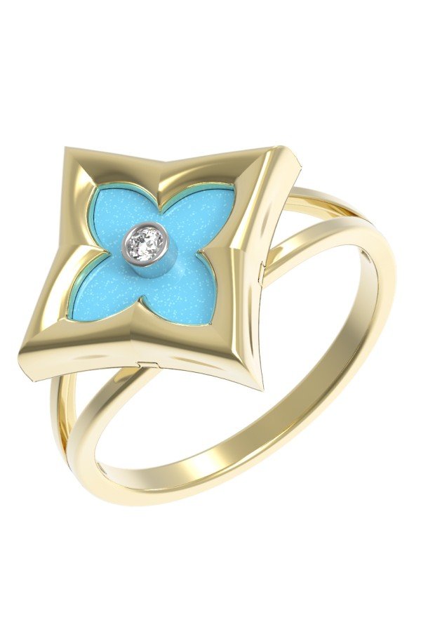Кольцо из лимонного золота c бриллиантами и бирюзой