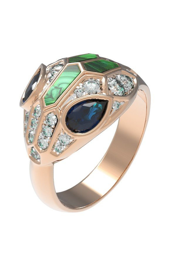 Кольцо из золота c бриллиантами, сапфиром и малахитом