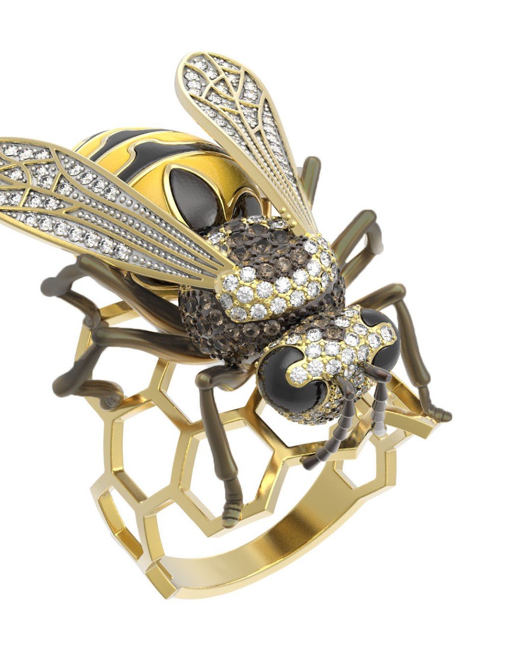 Кольцо из лимонного золота c эмалью и фианитом