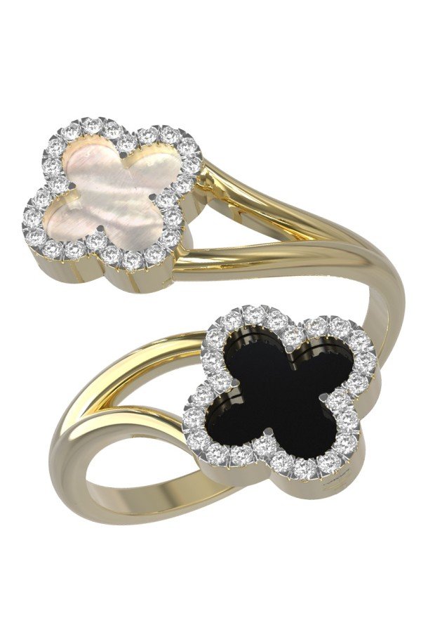 Кольцо из лимонного золота c бриллиантами, ониксом и перламутром