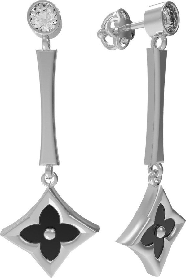 Серьги из белого золота c фианитом и ониксом