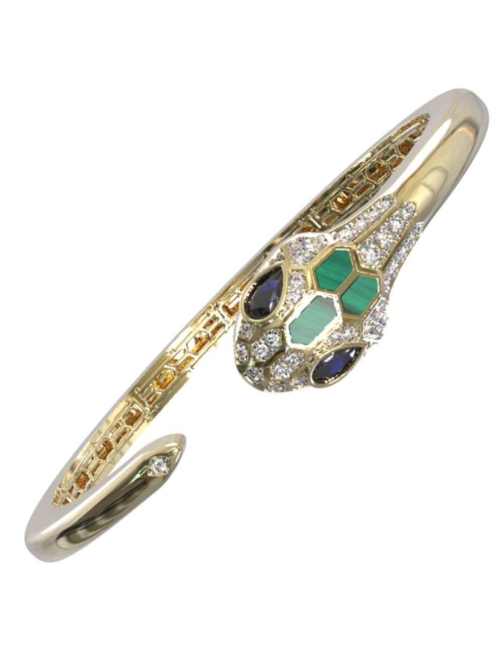 Браслет из лимонного золота c бриллиантами, сапфиром и малахитом
