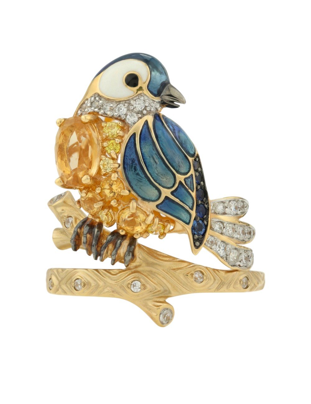 Кольцо из лимонного золота c эмалью, фианитом, цитрином и сапфиром