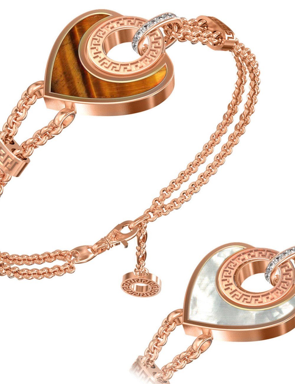 Браслет из золота c фианитом, тигровым глазом и перламутром