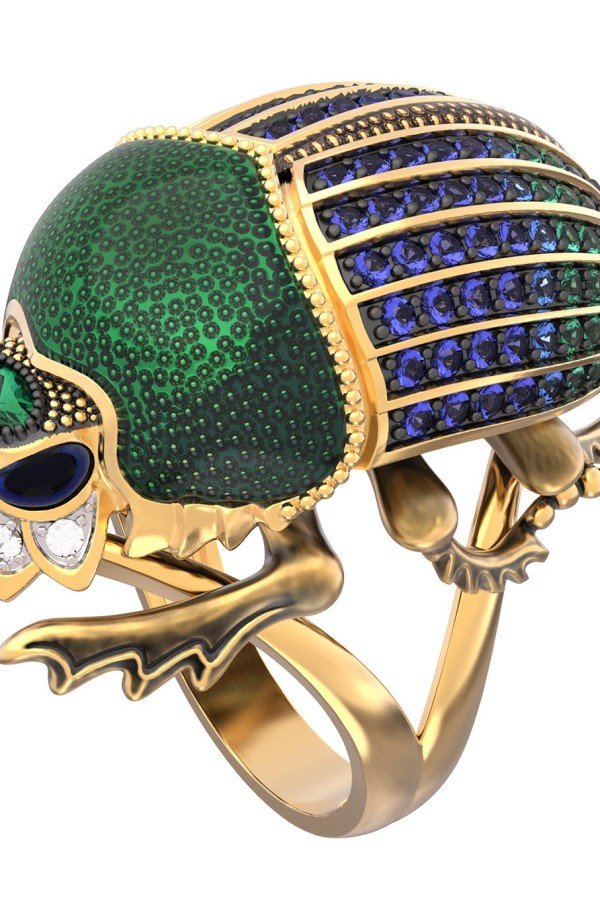 Кольцо из лимонного золота c эмалью, фианитом и турмалином