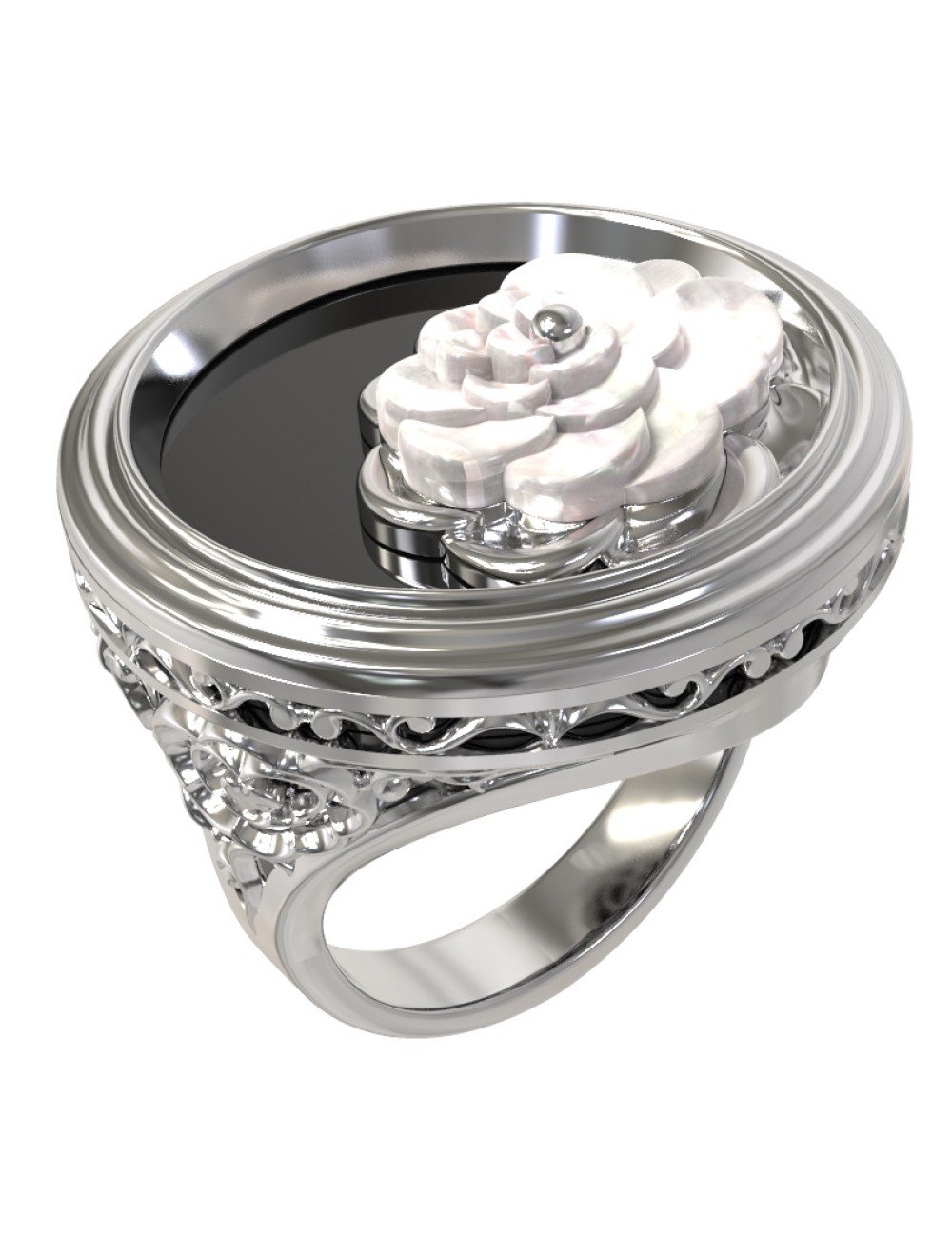 Кольцо из белого золота c ониксом и перламутром