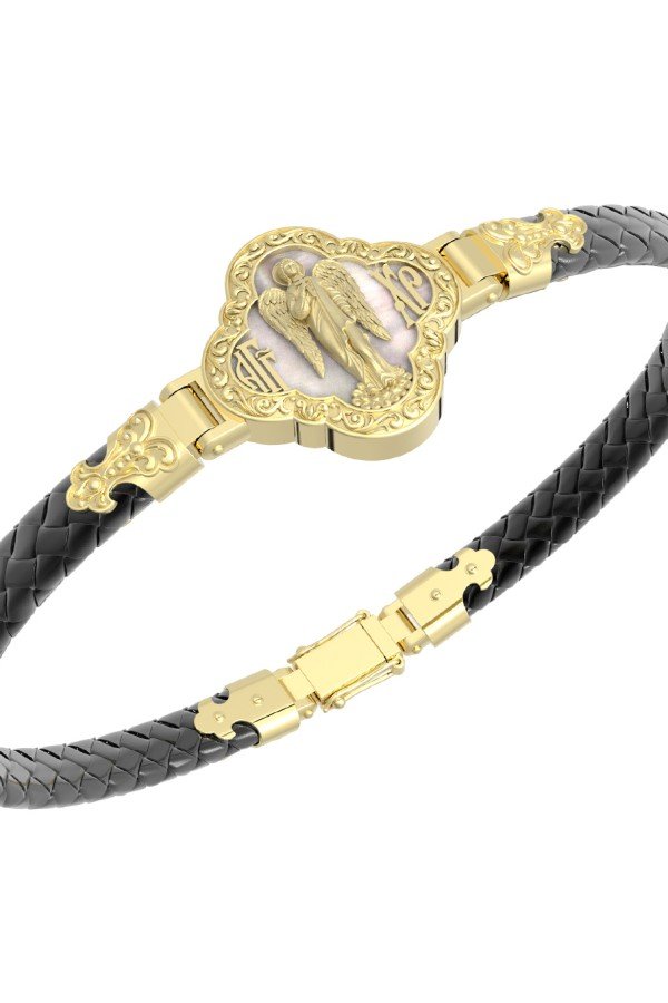 Браслет из лимонного золота c шнурком и перламутром