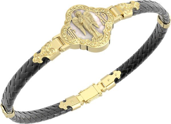 Браслет из лимонного золота c шнурком и перламутром