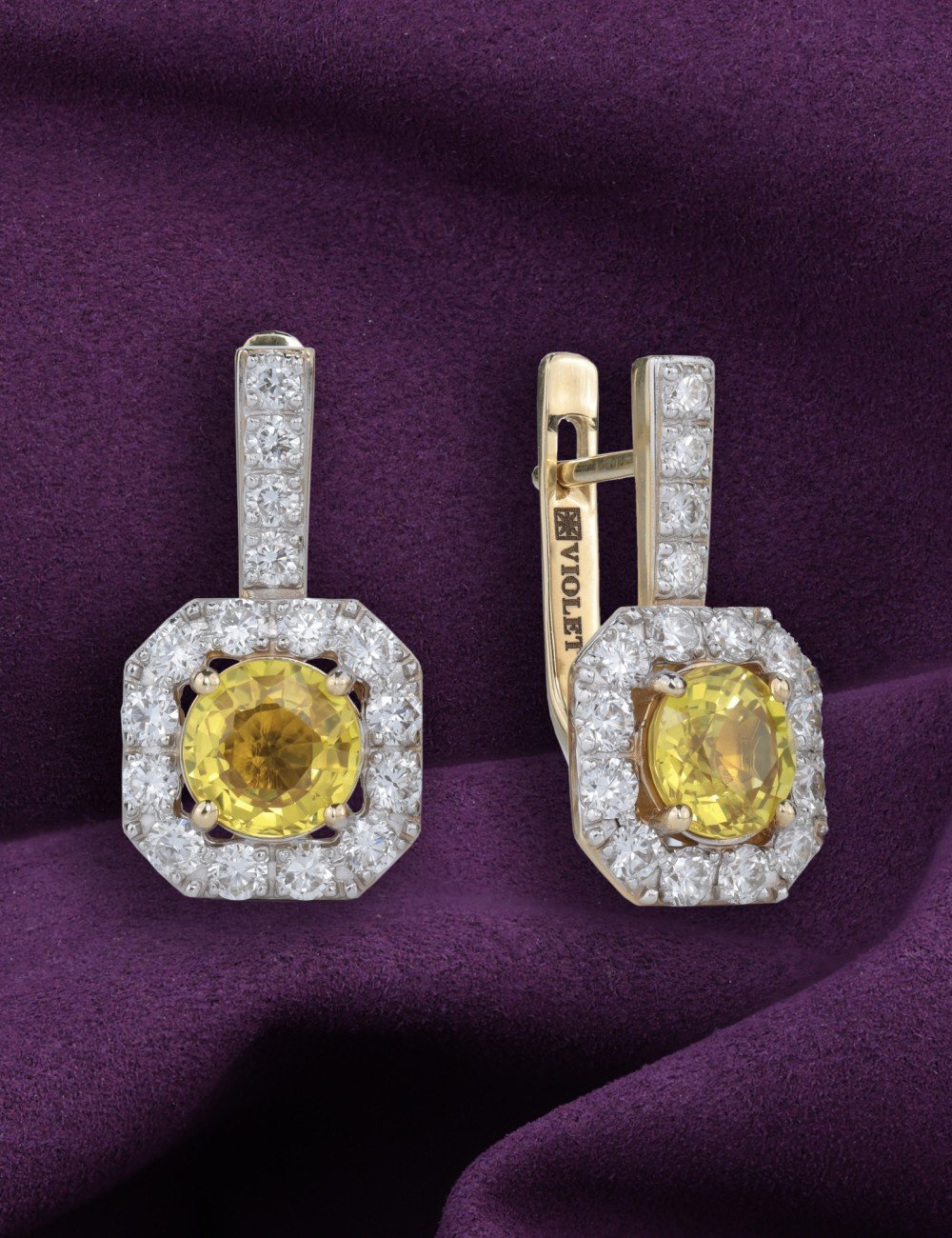 Серьги из лимонного золота c бриллиантами и сапфиром