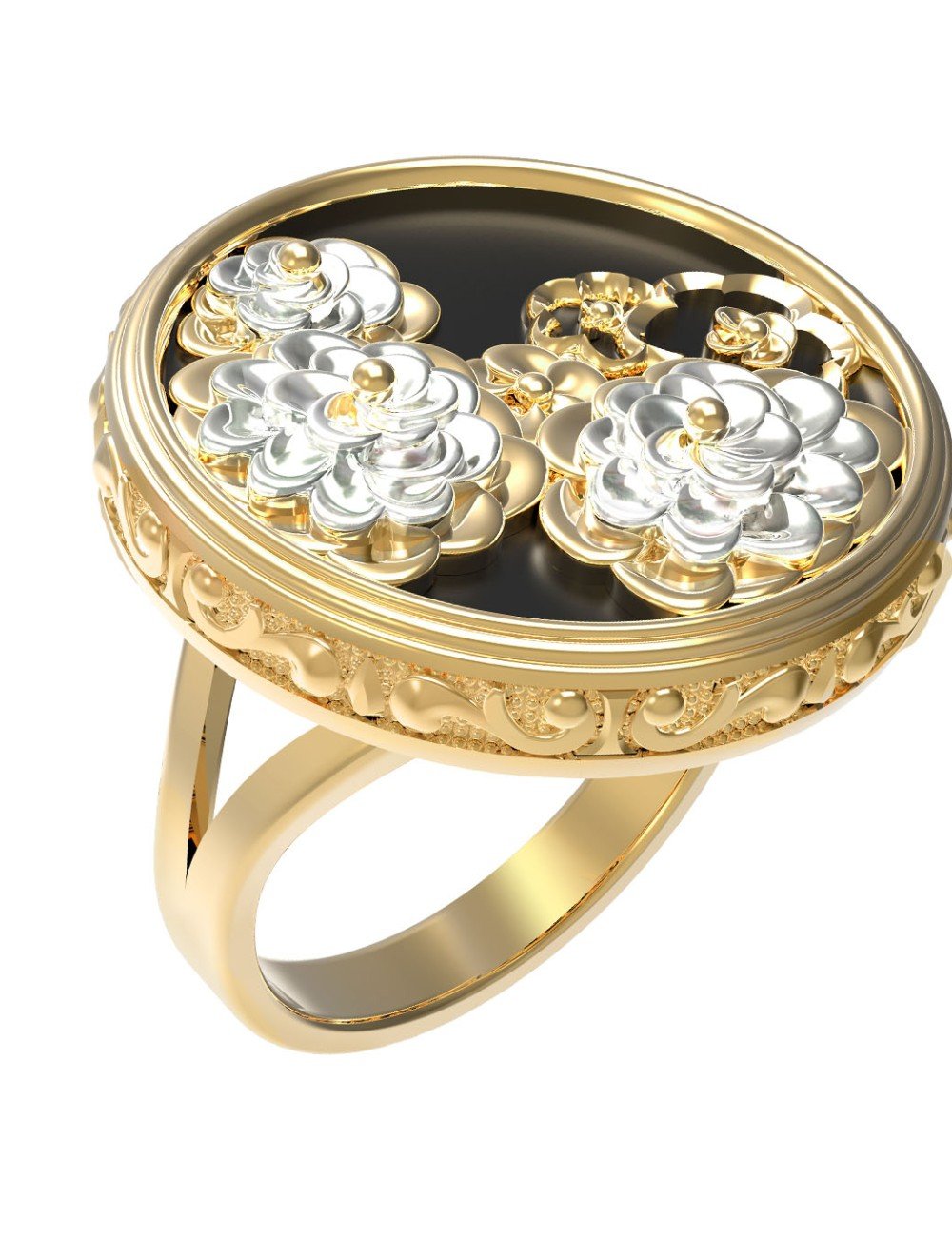 Кольцо из лимонного золота c ониксом и перламутром