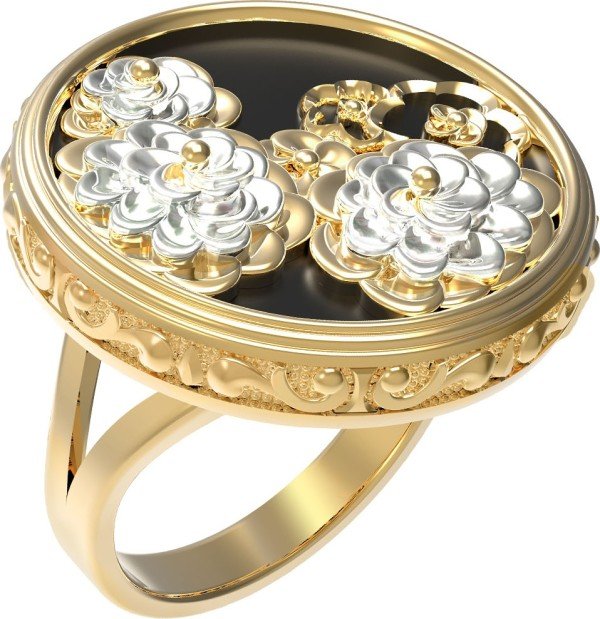 Кольцо из лимонного золота c ониксом и перламутром