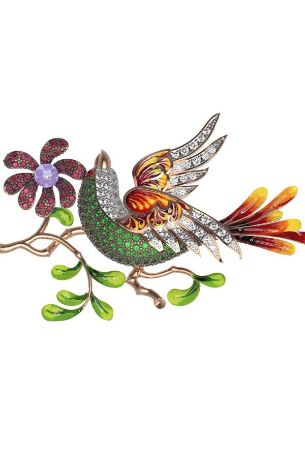 Брошь из золота c эмалью и фианитом