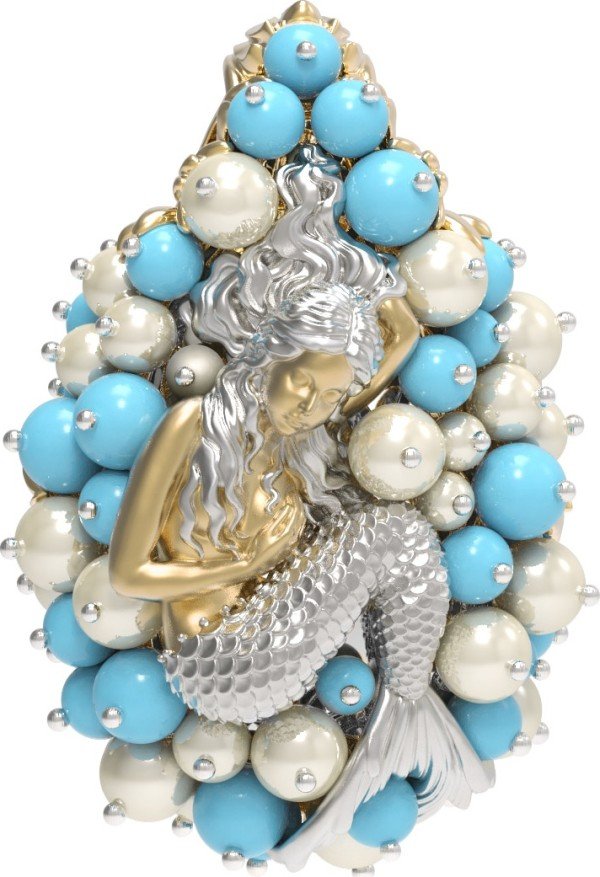 Подвеска из лимонного золота c жемчугом и бирюзой