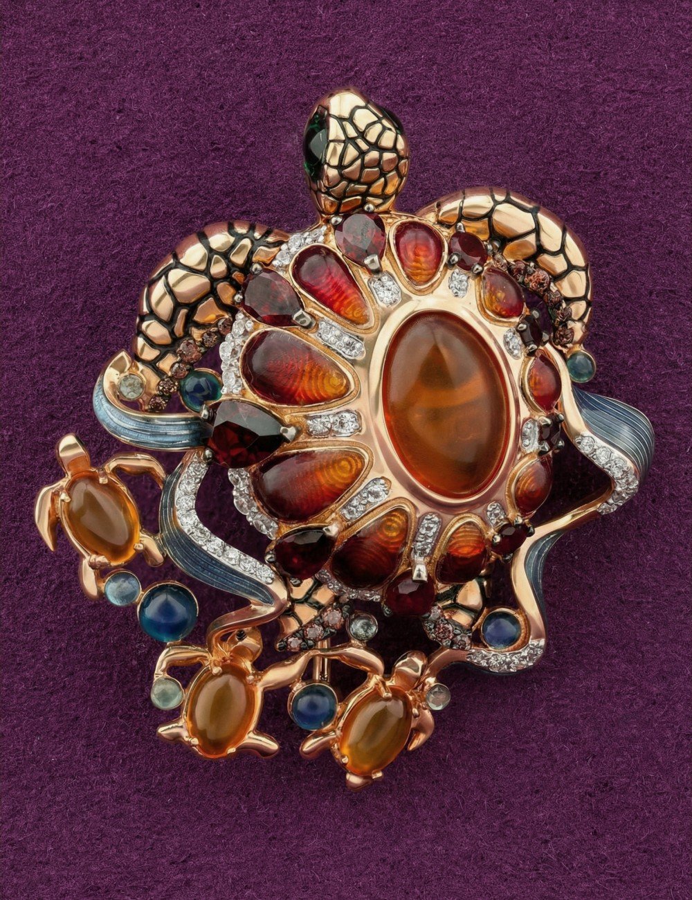 Брошь из золота c эмалью, фианитом, гранатом и янтарём