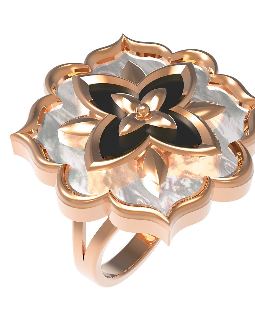 Кольцо из золота c ониксом и перламутром