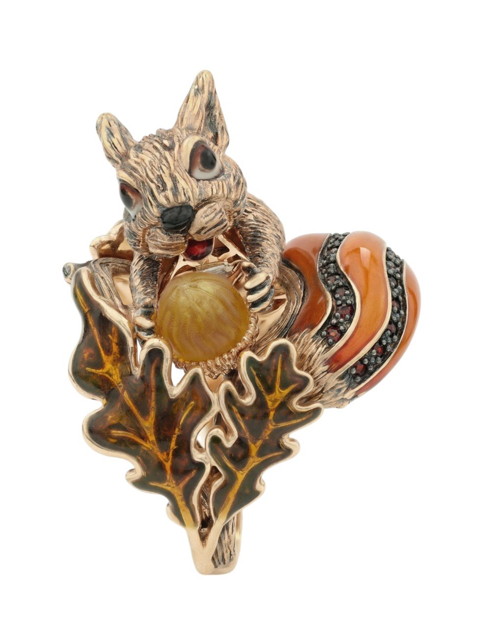 Кольцо из золота c эмалью, гранатом и янтарём