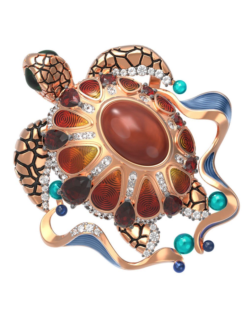 Подвеска из золота c эмалью, фианитом, гранатом и янтарём