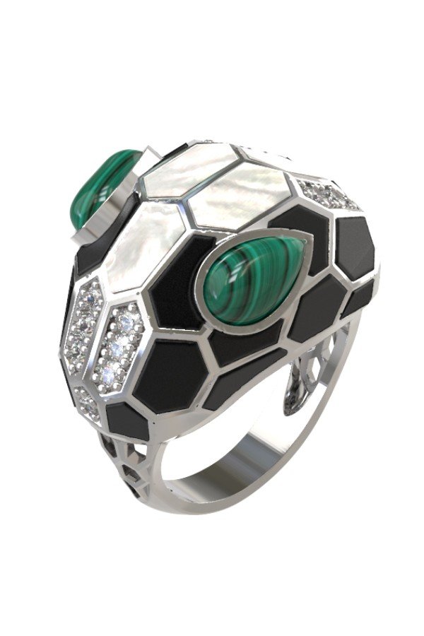 Кольцо из белого золота c бриллиантами, рубином, ониксом, малахитом и перламутром