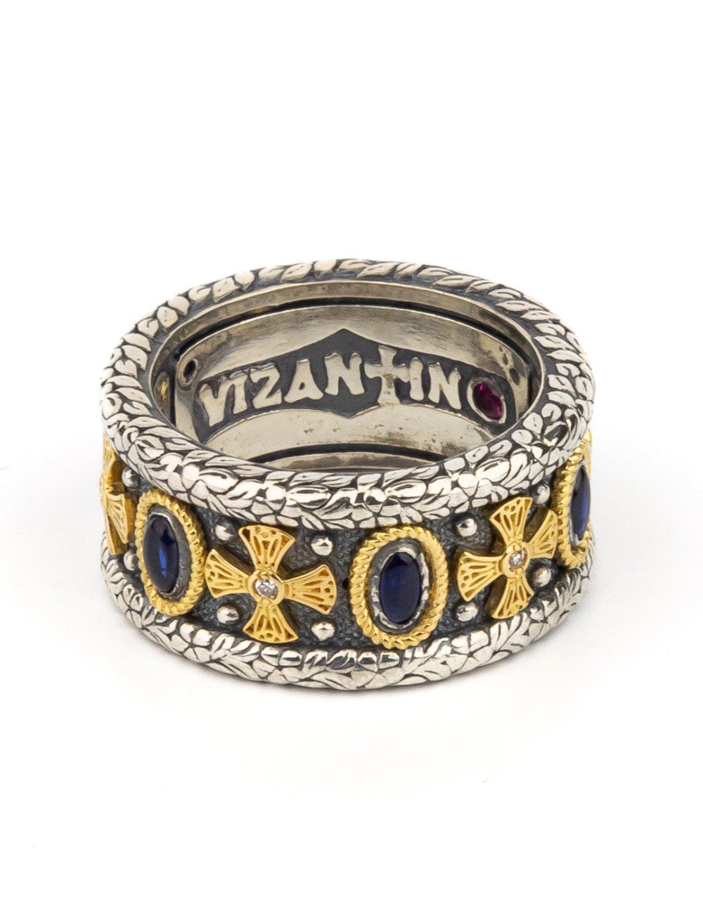 Кольцо из серебра и золота c бриллиантами, сапфиром и рубином